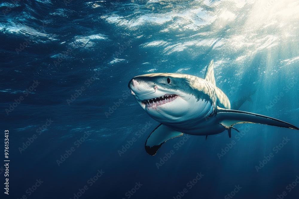 Fototapeta premium A majestic shark gliding through crystal-clear waters, showcasing its power and elegance in an underwater paradise.