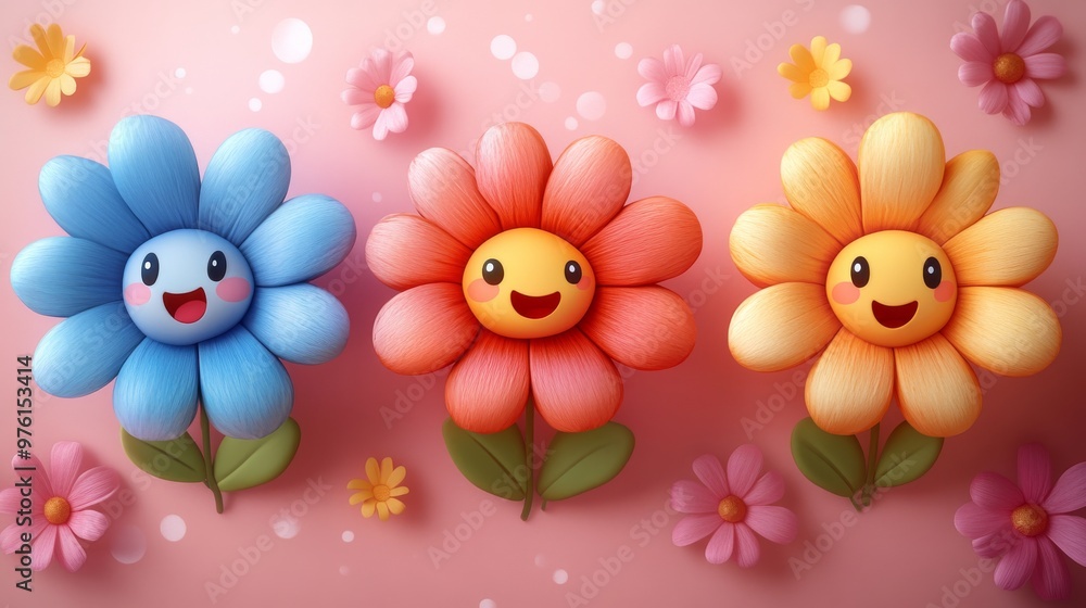 Three cartoon flowers smiling on pink background Three cartoon flowers smiling on pink background