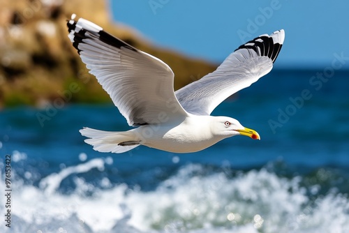 A seagull soaring above crashing waves, its white feathers catching the ocean breeze, and its sharp beak poised for catching fish