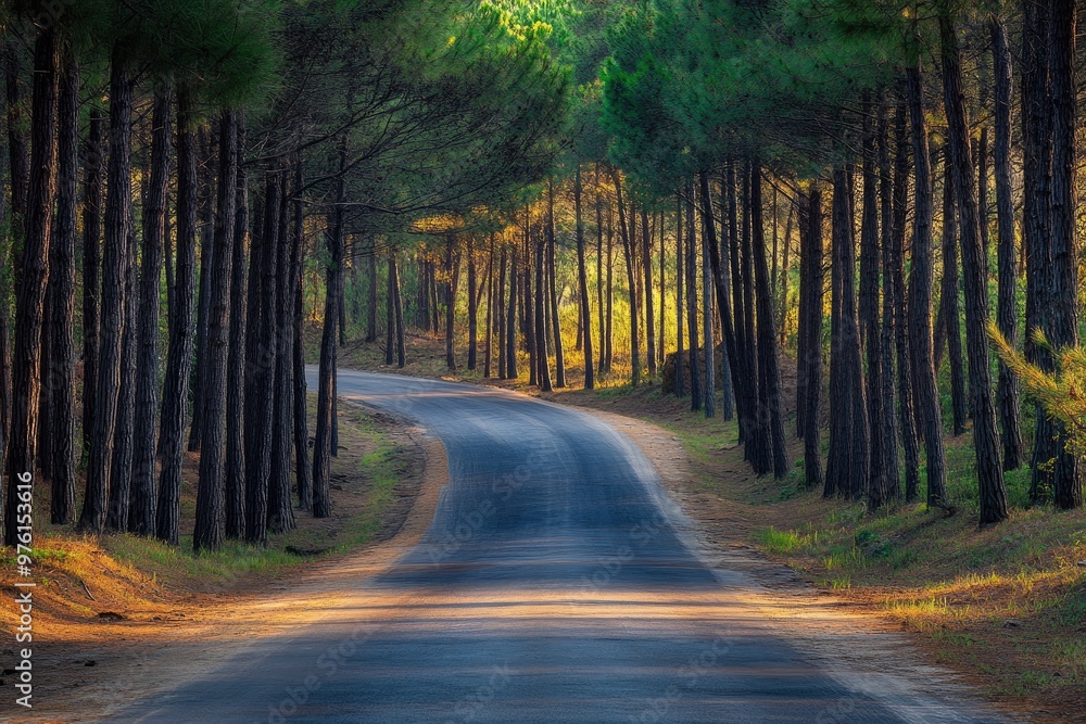 A serene road winding through a lush forest, illuminated by warm sunlight filtering through tall trees. A serene road winding through a lush forest, illuminated by warm sunlight filtering through tall trees.