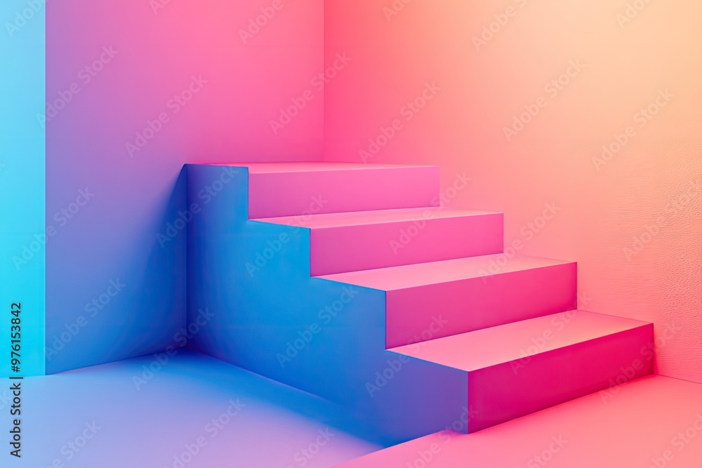 A vibrant and modern staircase set against a colorful gradient background, perfect for creative and artistic projects. A vibrant and modern staircase set against a colorful gradient background, perfect for creative and artistic projects.