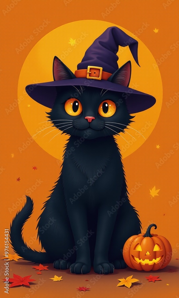 lack cat wearing a witch hat, surrounded by jack-o'-lanterns and pumpkins lack cat wearing a witch hat, surrounded by jack-o'-lanterns and pumpkins