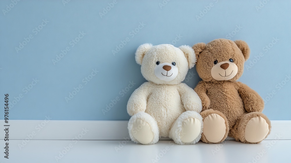 Two teddy bears sitting by a blue wall Two teddy bears sitting by a blue wall