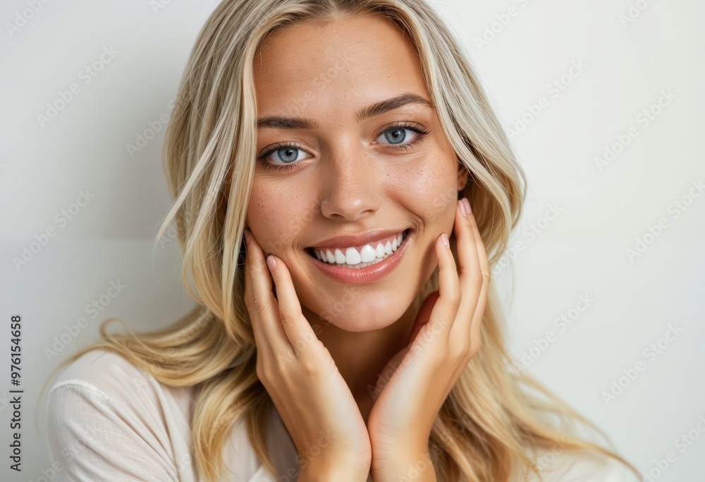 A radiant young woman with blue eyes and blonde hair, wearing a white shirt and holding her hands to her face, gazes directly at the camera against a white background A radiant young woman with blue eyes and blonde hair, wearing a white shirt and holding her hands to her face, gazes directly at the camera against a white background