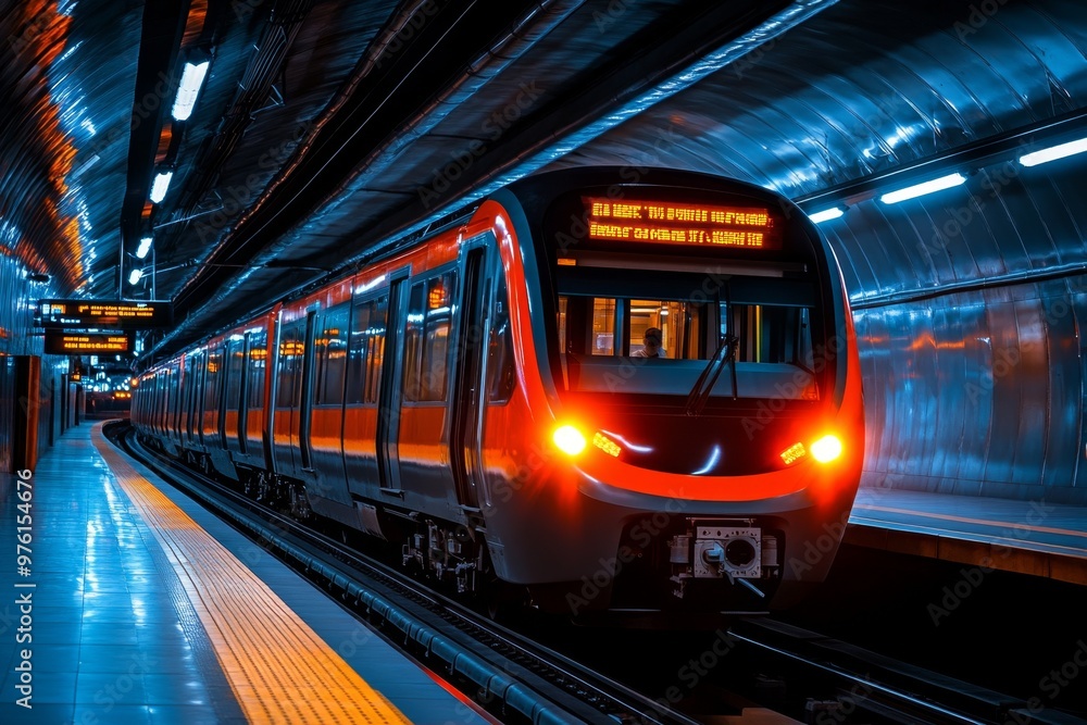 Fototapeta premium A subway train speeding through a station, with bright lights flashing as it moves