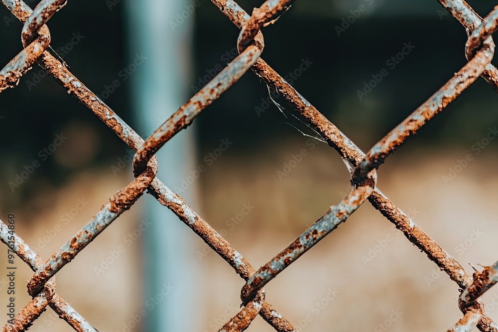 Rusty metal fence with a detailed view of chain links and a blurred background, showcasing weathered texture and neglected charm. Rusty metal fence with a detailed view of chain links and a blurred background, showcasing weathered texture and neglected charm.