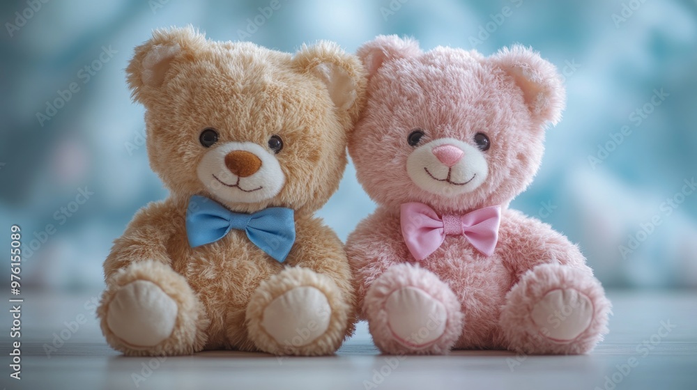 Two teddy bears sitting on floor with blue background Two teddy bears sitting on floor with blue background