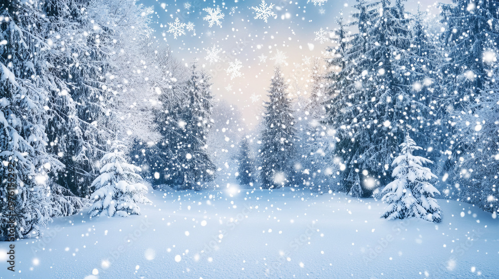 A snowy winter scene with falling snowflakes, perfect for Christmas. A snowy winter scene with falling snowflakes, perfect for Christmas.