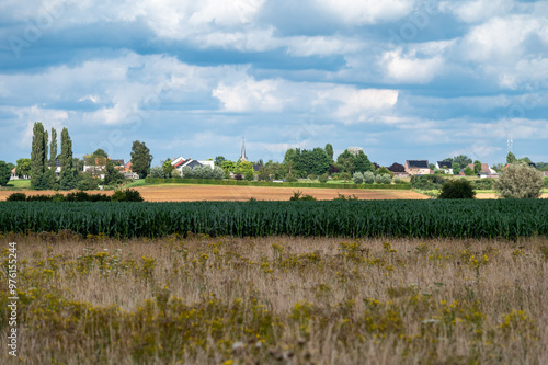 Colorful agriculture fields and blue sky at the Flemish countryside in Hakendover, Belgium photo