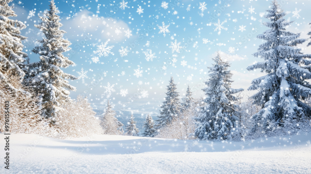 A snowy winter scene with falling snowflakes, perfect for Christmas. A snowy winter scene with falling snowflakes, perfect for Christmas.