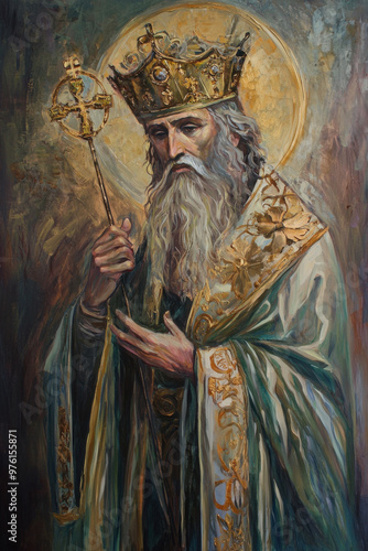 A classic oil painting of Saint Ambrose captures his solemn and pious demeanor