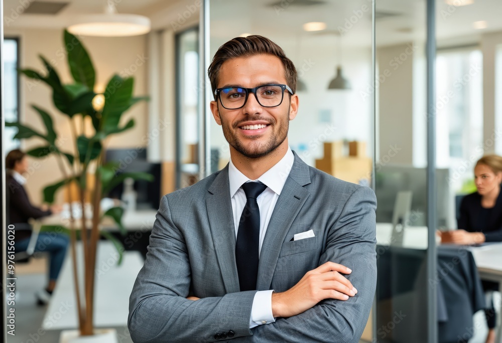 A confident young businessman in a gray suit and black tie, wearing glasses and a white pocket square, stands confidently in front of a glass wall, surrounded by office workers and a potted plant A confident young businessman in a gray suit and black tie, wearing glasses and a white pocket square, stands confidently in front of a glass wall, surrounded by office workers and a potted plant