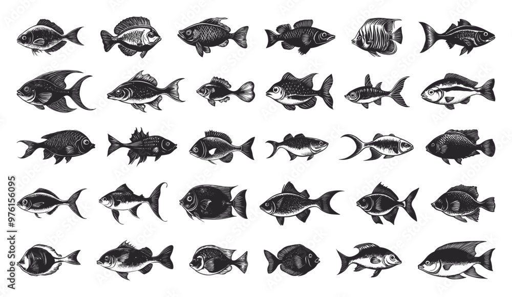 Sea Fishes Illustrations Hand-Drawn Comics Style Set Black On White Fun Fish Designs Style Various Sea Creatures Whimsical Underwater Kids Book Illustrations Collection Sea Fishes Illustrations Hand-Drawn Comics Style Set Black On White Fun Fish Designs Style Various Sea Creatures Whimsical Underwater Kids Book Illustrations Collection