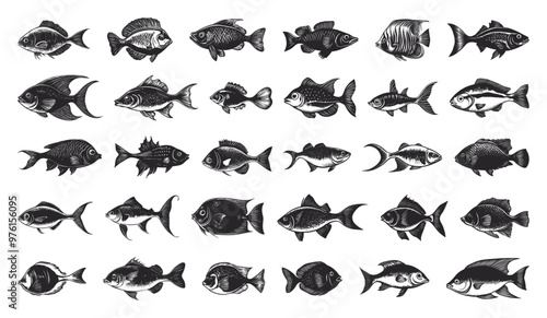 Sea Fishes Illustrations Hand-Drawn Comics Style Set Black On White Fun Fish Designs Style Various Sea Creatures Whimsical Underwater Kids Book Illustrations Collection