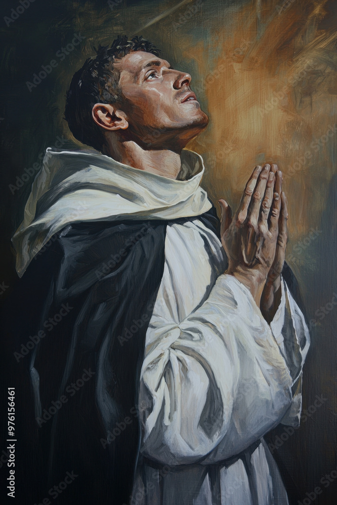 Naklejka premium Saint Dominic, founder of the Dominican Order, is often depicted in oil paintings with a serene expression