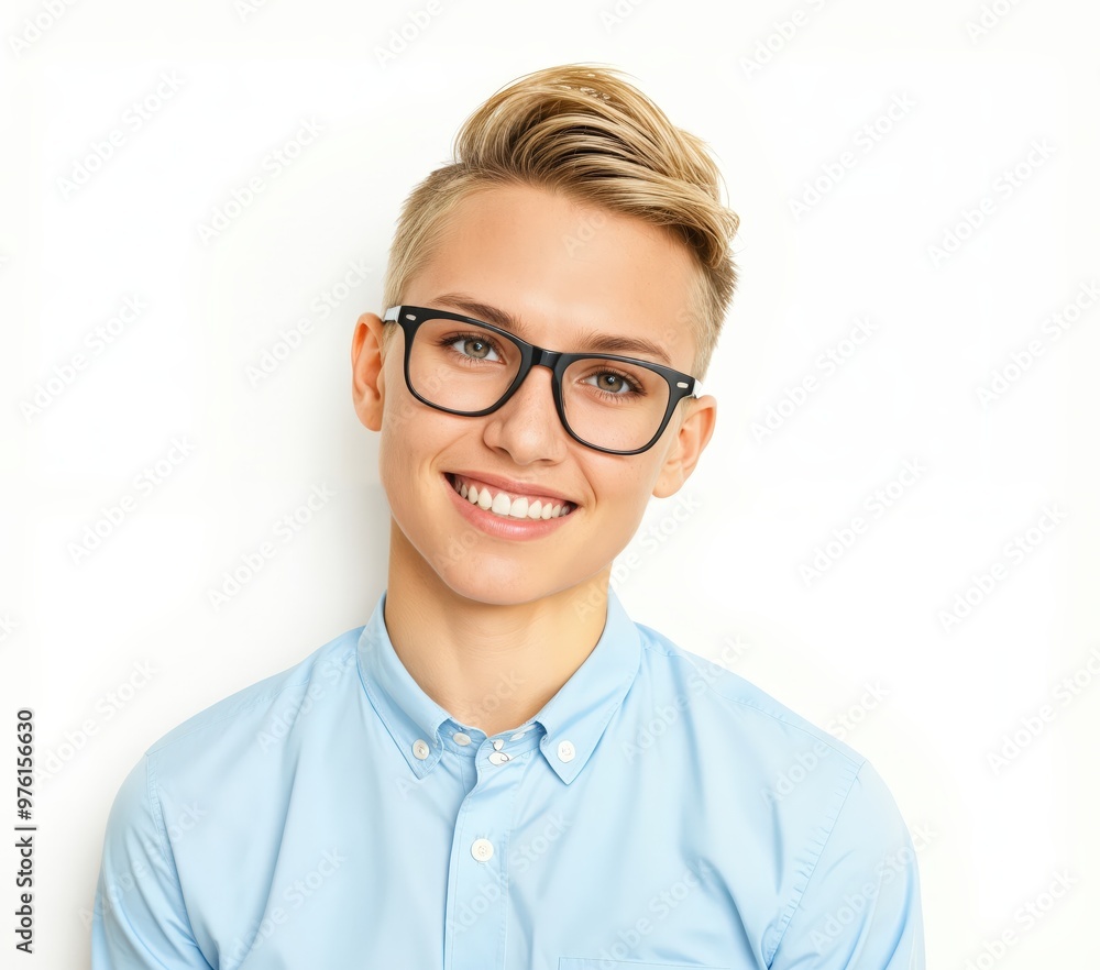 A young, blonde-haired man in a light blue shirt and black glasses smiles warmly at the camera against a white background, exuding a sense of joy and confidence A young, blonde-haired man in a light blue shirt and black glasses smiles warmly at the camera against a white background, exuding a sense of joy and confidence