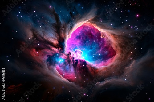 A vibrant nebula glowing in deep space, with swirling clouds of gas in pinks, purples, and blues