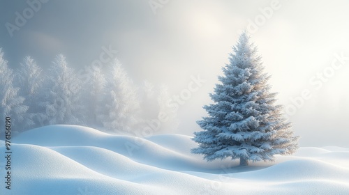 Lonely pine tree covered with snow standing on a hill in a snowy landscape