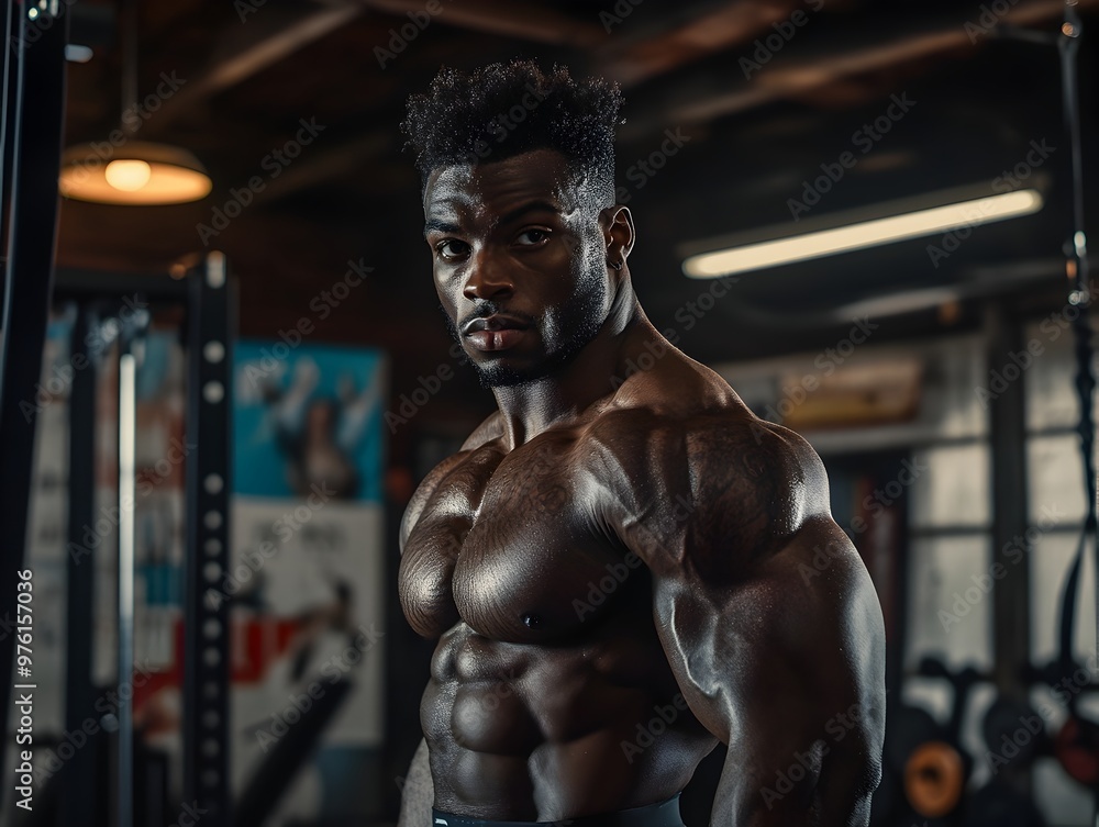 Muscular male athlete s profile photo showcasing his strong physique and focus in a gym setting Muscular male athlete s profile photo showcasing his strong physique and focus in a gym setting