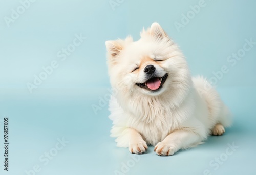 A white Pomeranian dog with a fluffy white coat and a light brown nose is sitting on a light blue background, smiling and looking up, creating a joyful and relaxed atmosphere