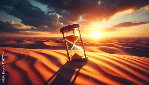 An hourglass at sunset in the desert.