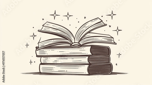 A stack of magic books, drawn in a simple line style, is shown open, with the concept being isolated.