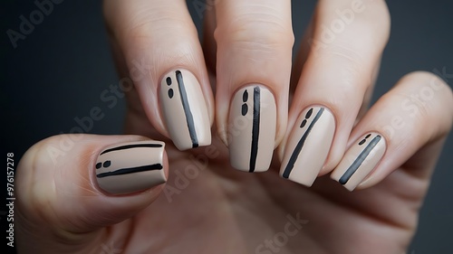 Soft Beige Coffin Nails with Minimalist Monochrome Stripes for a Bold and Sophisticated Look photo