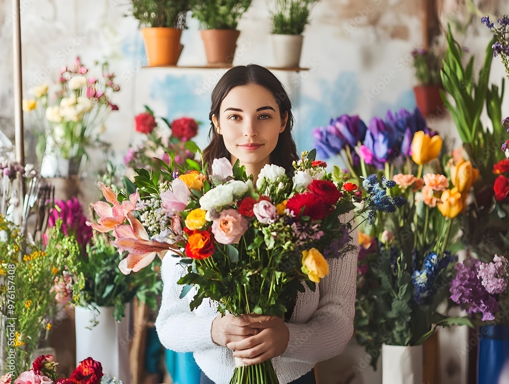 Fototapeta premium Florist Holding a Bouquet of Fresh Flowers in a Colorful Floral Shop Background