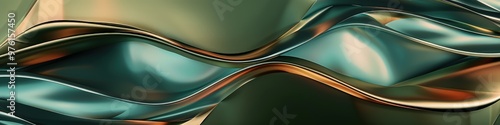 An artistic 3D abstract background featuring fluid geometric patterns and subtle gradients in shades of olive green, teal, and copper, providing a striking and polished aesthetic.