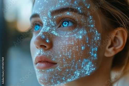 Portrait of a woman with glowing digital skin symbolizing the integration of human thought and technology in a futuristic setting