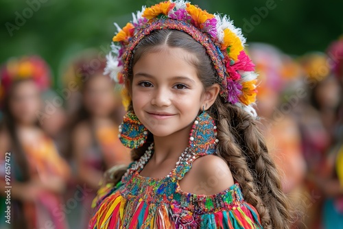 Portrait of young beautiful Latina girl in traditional dress and decorations for National Hispanic Heritage Month