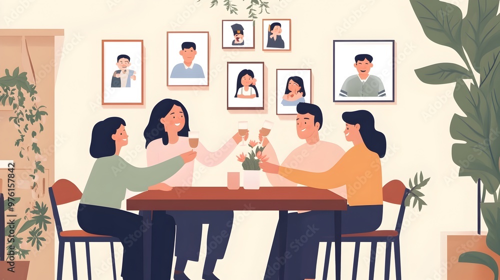 Joyful Family Around Dining Table with Framed Photos on Wall Symbolizing Shared Goals of Education and Unity Joyful Family Around Dining Table with Framed Photos on Wall Symbolizing Shared Goals of Education and Unity