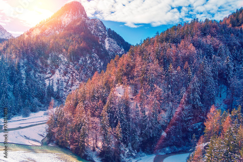 Fényképezés Mountain valley with the Pisnica river in winter