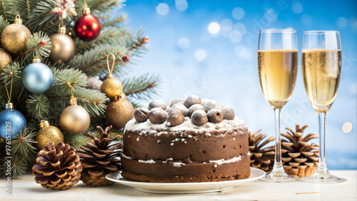 a decorated Christmas tree, chocolate cake and champagne