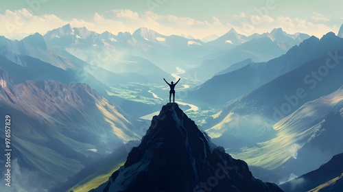 Triumphant Silhouette on Mountain Peak Overlooking Scenic Landscape