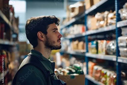 Charity Worker Distributing Meals at Food Pantry with Shelves and Volunteers