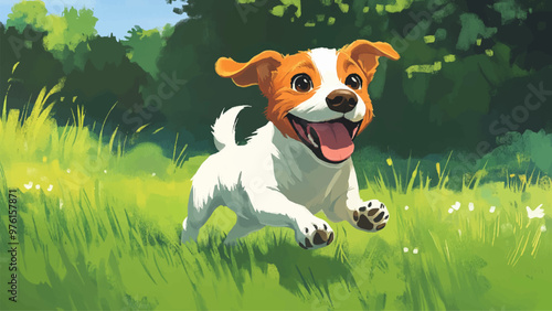 Sweet Happy Jack Russell Terrier Running Across Lush Green Lawn Cartoon Illustration For Childrens Book Adorable Character Scene Playful Action Kids Storybook Joyful Dog