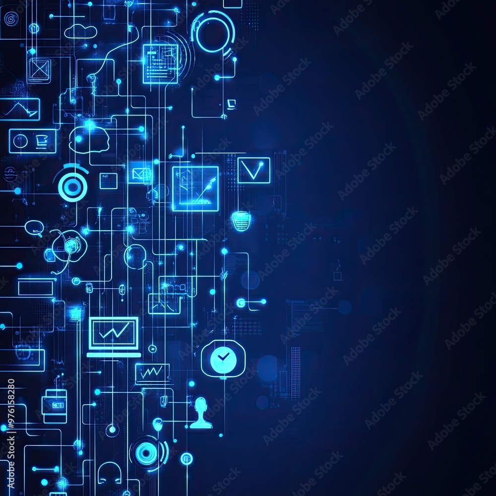 Futuristic digital abstract background illustrating technology concepts with glowing blue icons and data connections. Futuristic digital abstract background illustrating technology concepts with glowing blue icons and data connections.