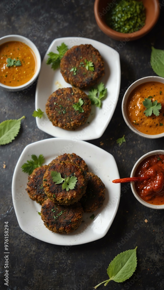 Indian vegetarian snack dish hara bhara kabab with chutney Indian vegetarian snack dish hara bhara kabab with chutney