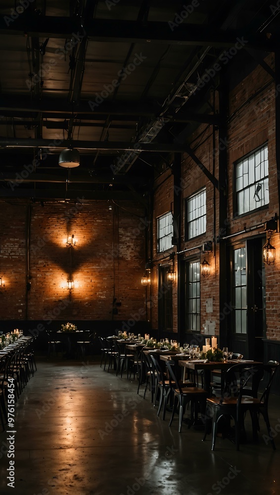 Industrial-chic wedding venue with moody lighting Industrial-chic wedding venue with moody lighting