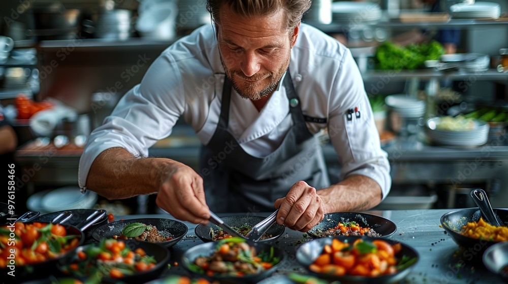 Chef Plating a Dish in a Restaurant Kitchen Chef Plating a Dish in a Restaurant Kitchen