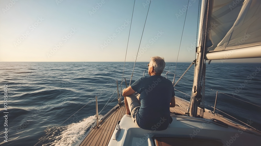 Retired Sailor Sailing Into the Horizon on a Calm Tranquil Sea Towards a Boundless Sky Retired Sailor Sailing Into the Horizon on a Calm Tranquil Sea Towards a Boundless Sky