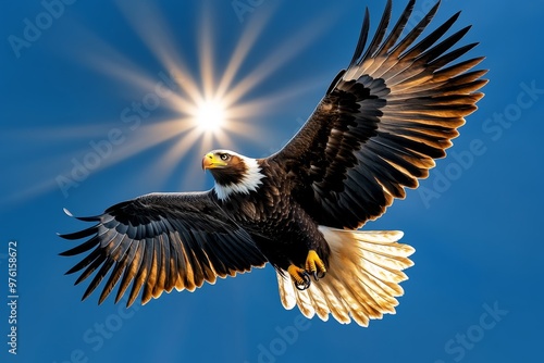 An eagle with powerful wings and a fierce beak, soaring high with the sun shining through its feathers photo