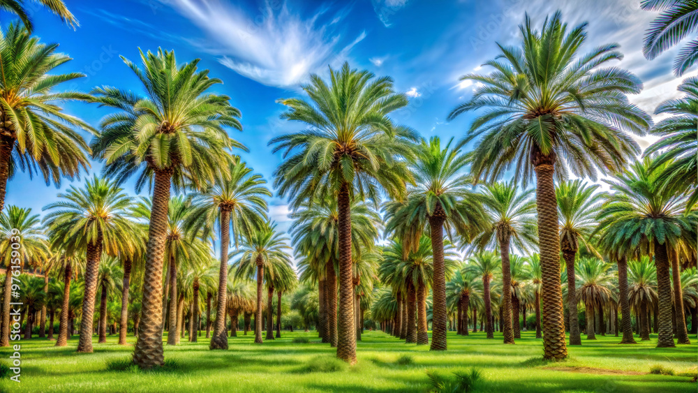 Lush palm tree grove under a bright blue sky with a vibrant green lawn Lush palm tree grove under a bright blue sky with a vibrant green lawn