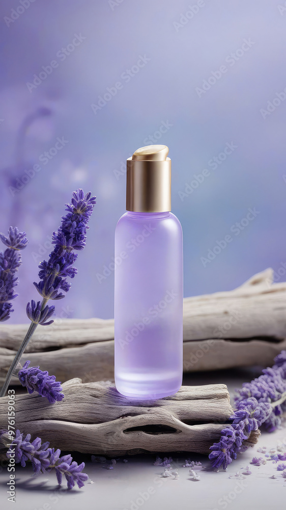 Mock up the collagen hydrating serum or any beauty product in glass bottle from natural ingredients standing on driftwood surrounded lavender blossoms. Mock up the collagen hydrating serum or any beauty product in glass bottle from natural ingredients standing on driftwood surrounded lavender blossoms.