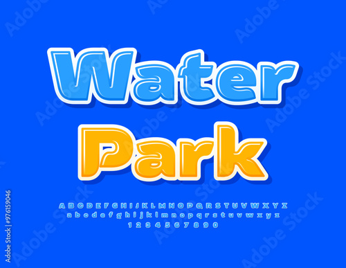 Vector bright poster Water Park. Blue Glossy Font. Artistic Alphabet Letters and Numbers set. 