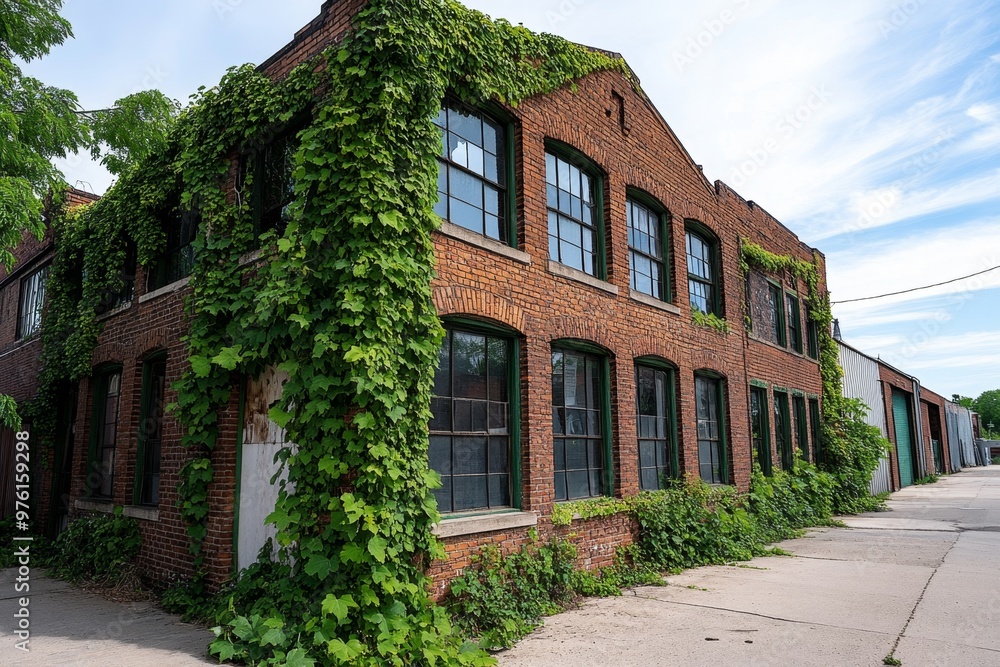 An old brick building in an industrial district, with ivy climbing up the walls An old brick building in an industrial district, with ivy climbing up the walls