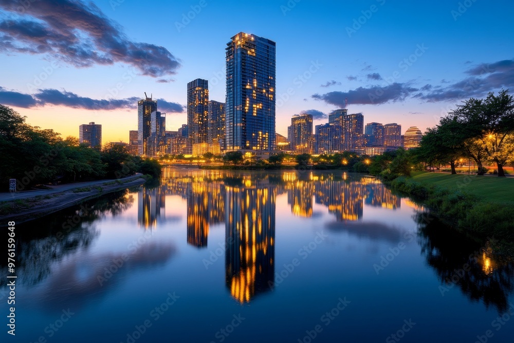 An urban skyline reflected in a river, with buildings illuminated in the twilight An urban skyline reflected in a river, with buildings illuminated in the twilight