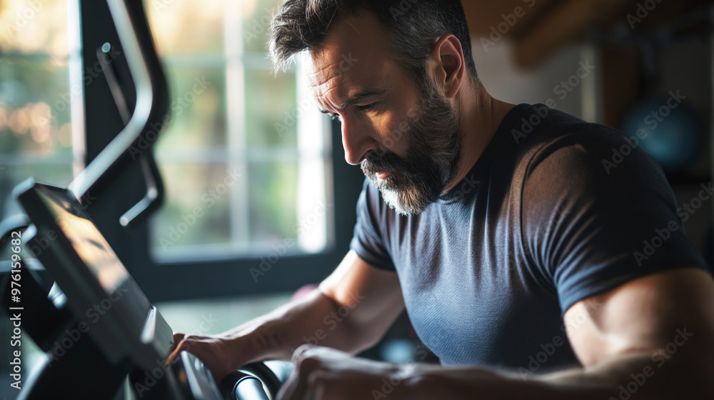 Bearded man focused on exercising indoors using a treadmill, emphasizing dedication to fitness and a healthy lifestyle Bearded man focused on exercising indoors using a treadmill, emphasizing dedication to fitness and a healthy lifestyle