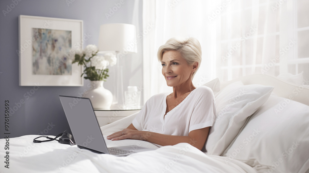 Smiling senior woman using laptop while sitting comfortably on bed in bright bedroom with soft lighting and elegant decor Smiling senior woman using laptop while sitting comfortably on bed in bright bedroom with soft lighting and elegant decor